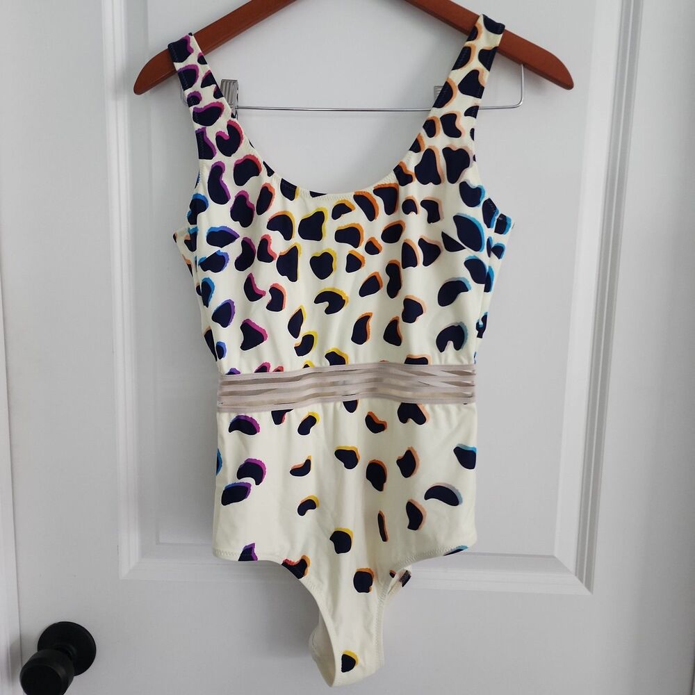 EMMA PAKE Sunrise Monica mesh Trim Swimsuit Womens Size M Ivory Leopard Onepiece